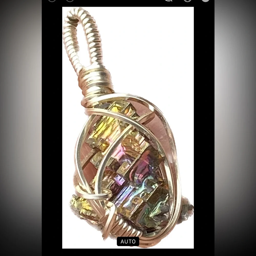Artist Silver Wire cage wrapped pendant rainbow iridescent geometric bismuth